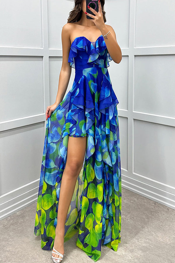 Georgia - Maxi Jurk zonder Schouderbandjes met Gradient, Print, Ruffles en Split