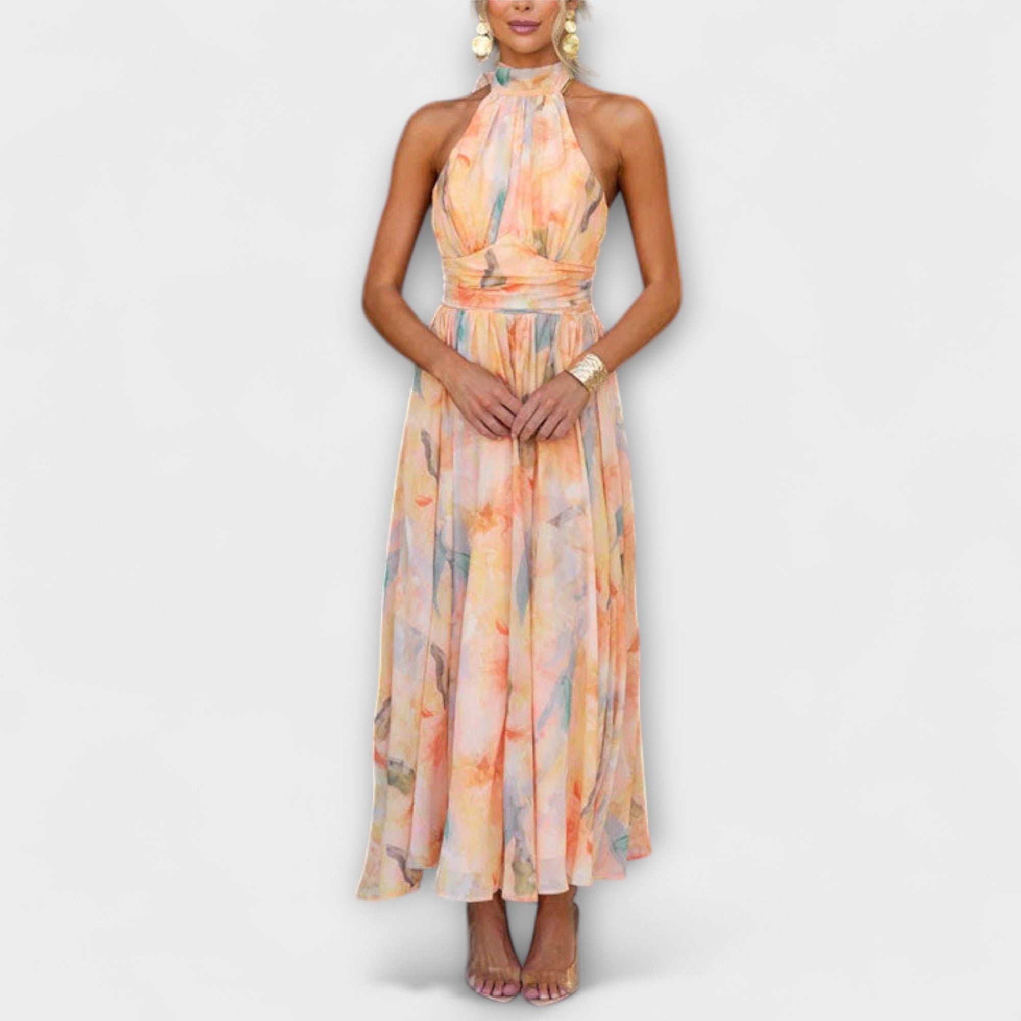 Klara | Robe longue dos nu à motif aquarelle