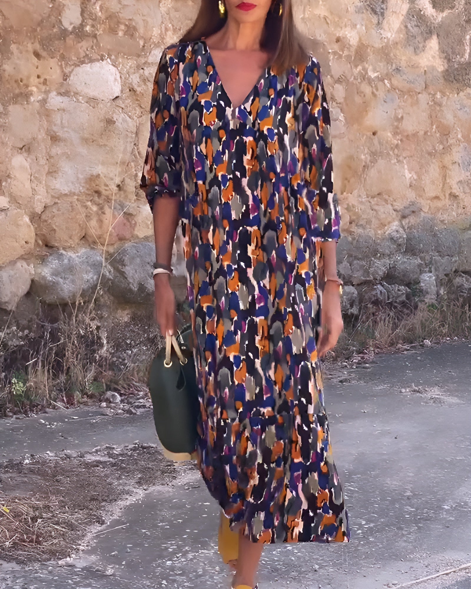 Nathalie | Jurk met V-hals in retro patroon