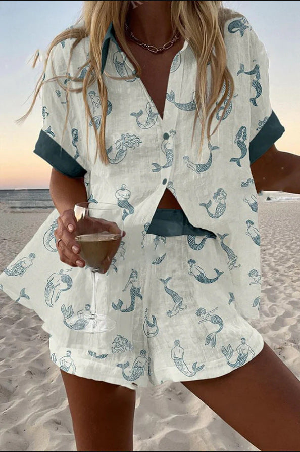 Jalira™ | Korte linnen set met zeemeerminprint