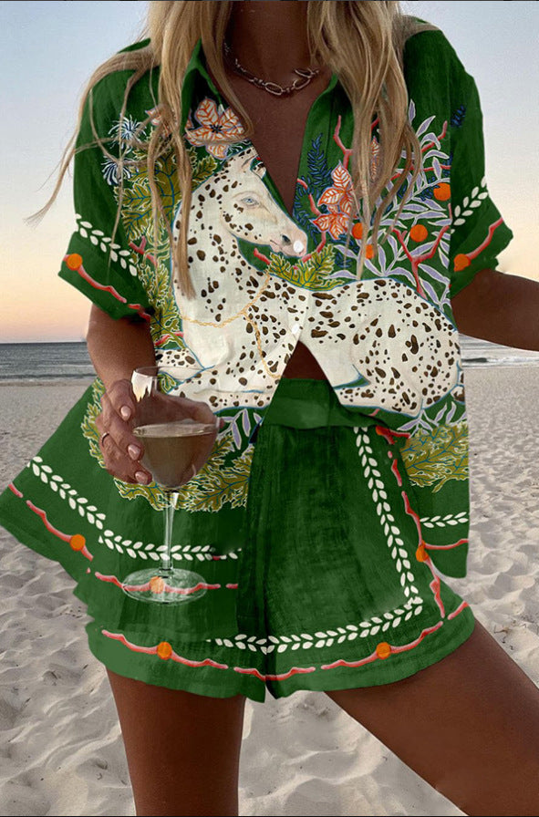 Céphira™ | Korte linnen set met paardenprint