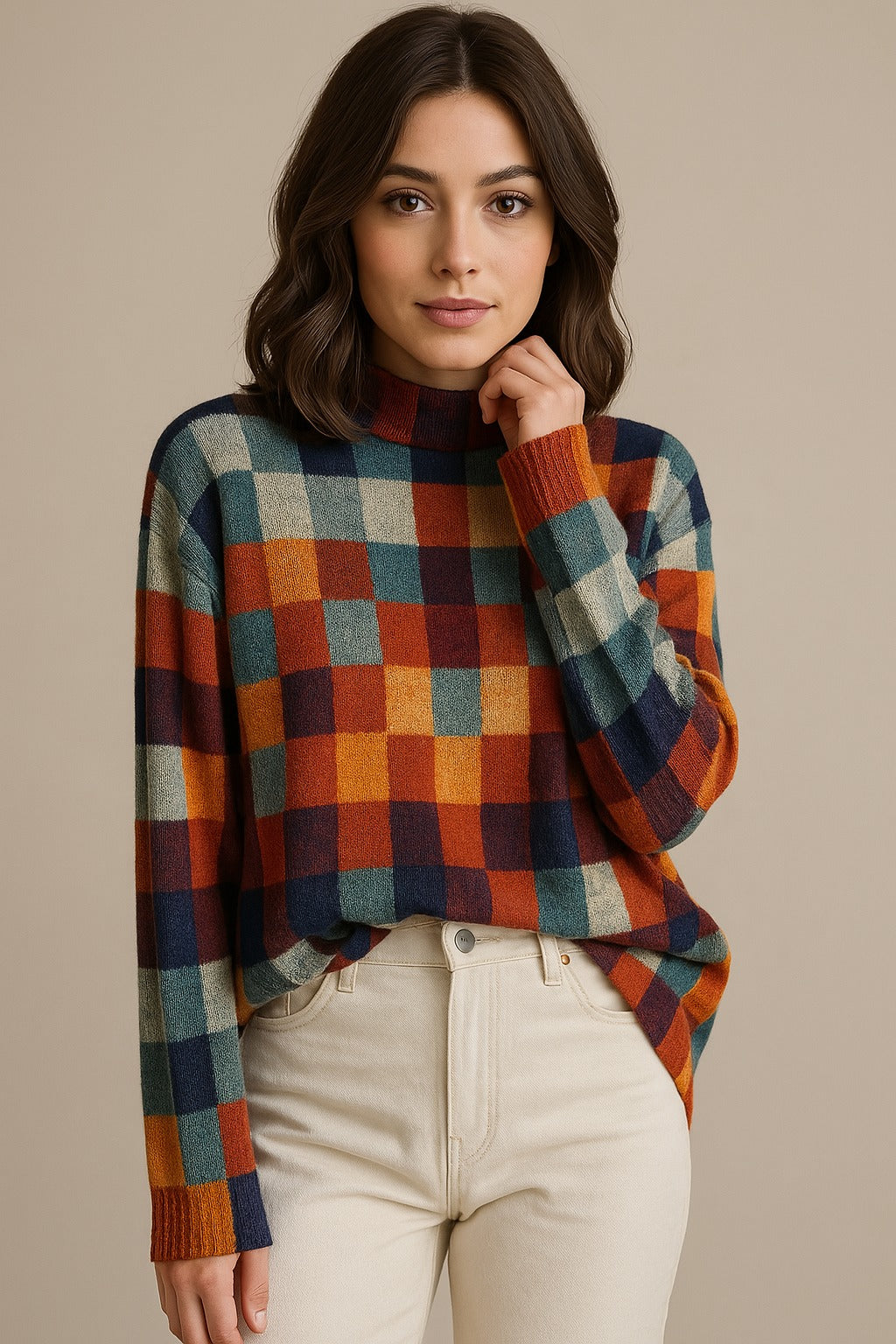 Mabel | Sweater met col in patchworkstijl