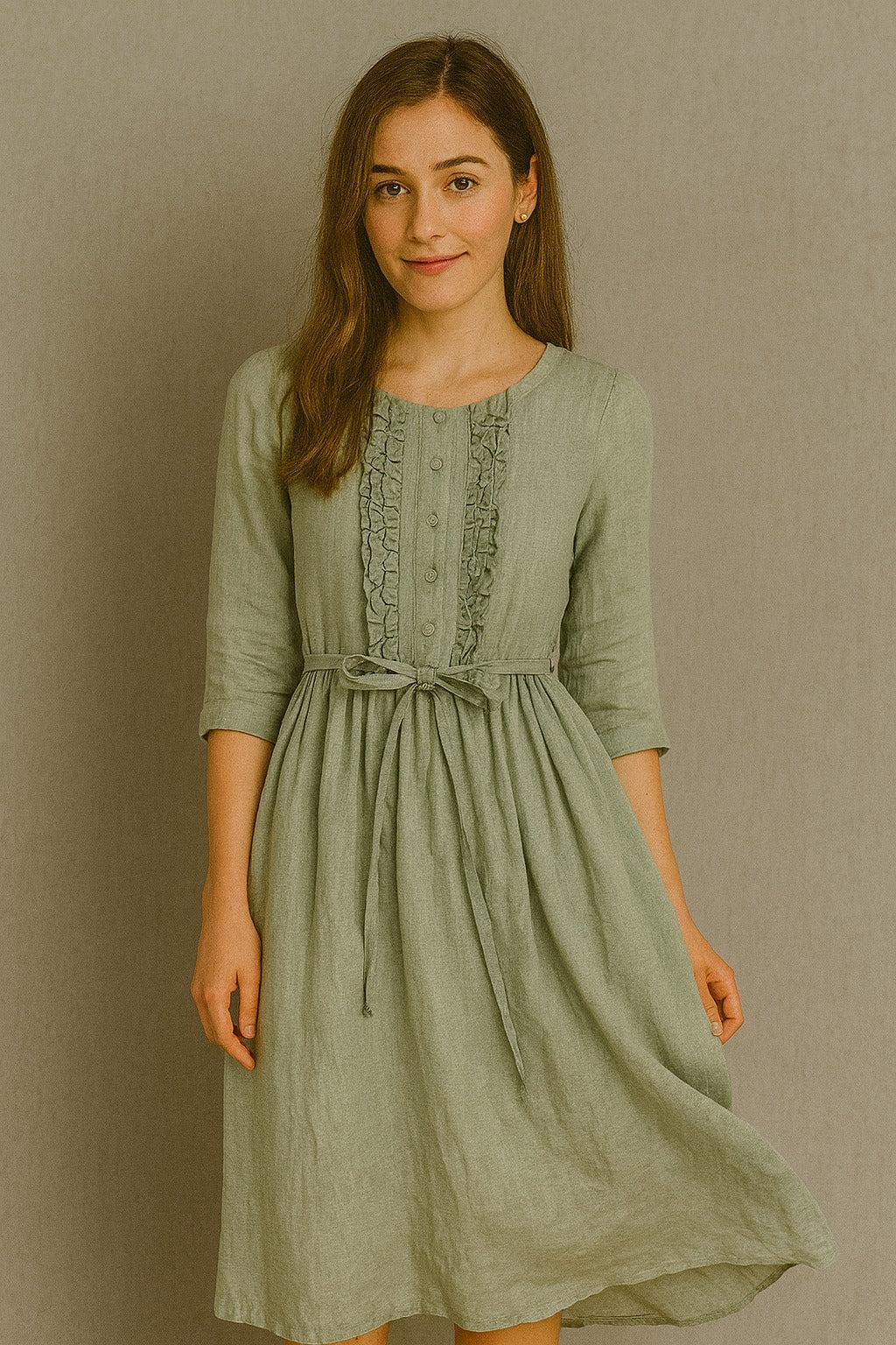 Arya - Dames jurk in retro kunststijl met ronde hals en gekruist middel