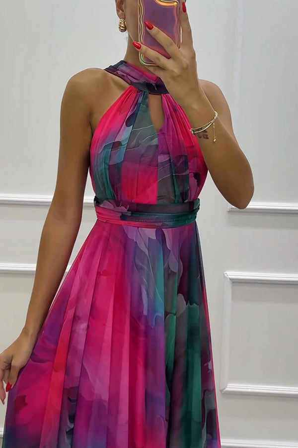 Elaine - Maxi jurk van tule stof met bloemen, uitsnijdingen en een strik om de hals