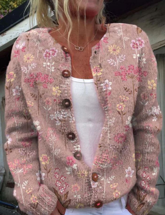 Iris | Elegante roze cardigan met bloemenpatroon