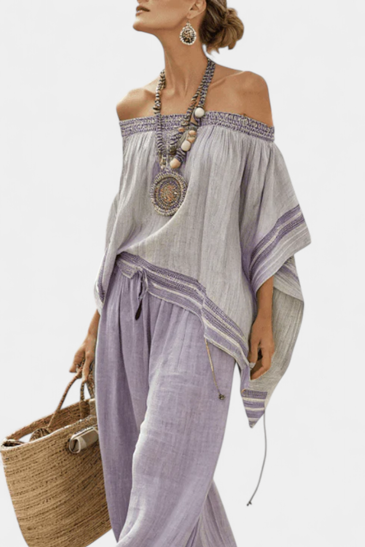 Coördinatieset met bamboe linnen bandjes top en brede broek voor een elegante en frisse stijl