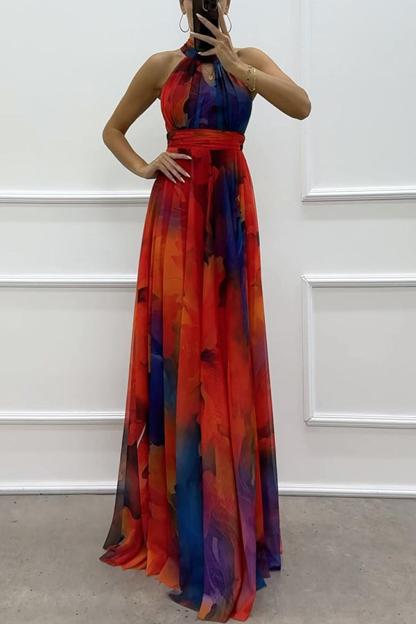 Elaine - Maxi jurk van tule stof met bloemen, uitsnijdingen en een strik om de hals