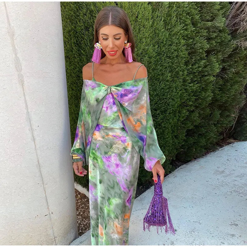 Anisten™ | Stijlvolle Maxi Jurk met Halo-Dye Patroon en Afneembare Sjaal