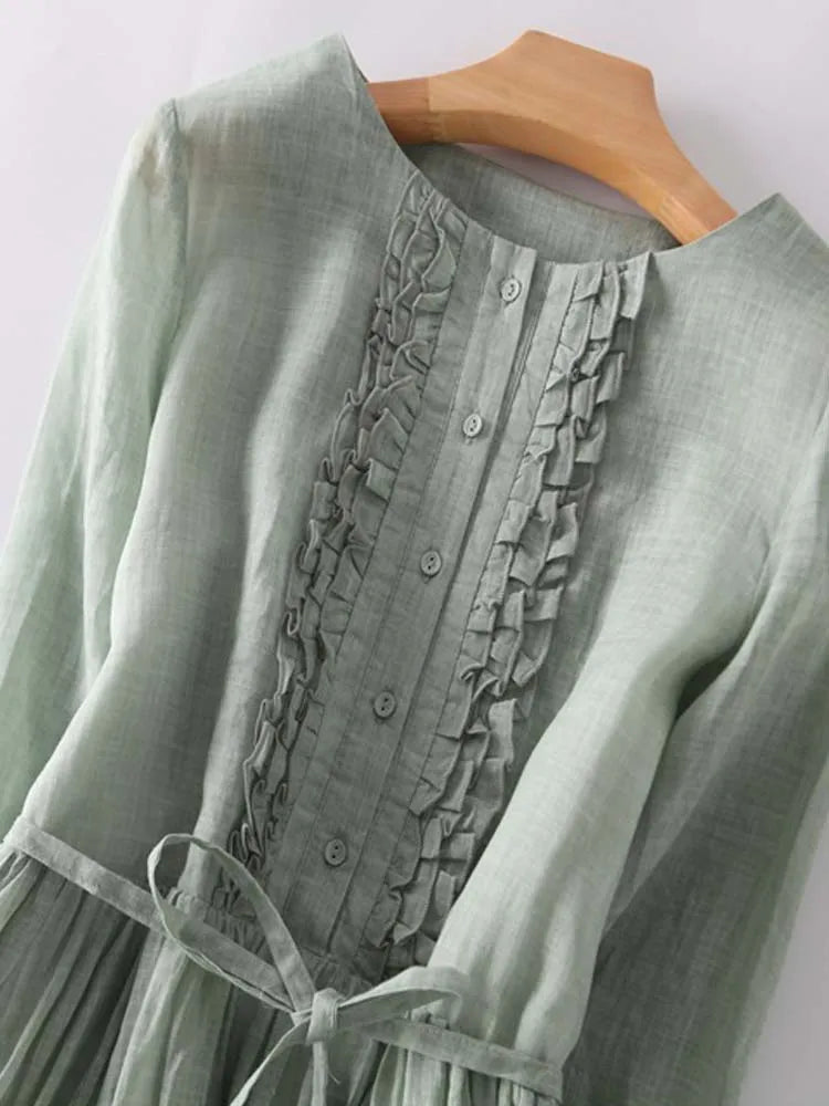 Arya - Dames jurk in retro kunststijl met ronde hals en gekruist middel