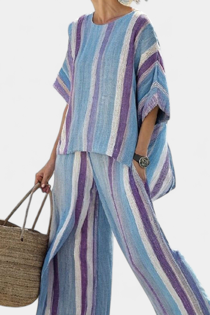 Elegante Daisy-set met strepen in mauve en pastelblauw voor een verfijnde uitstraling